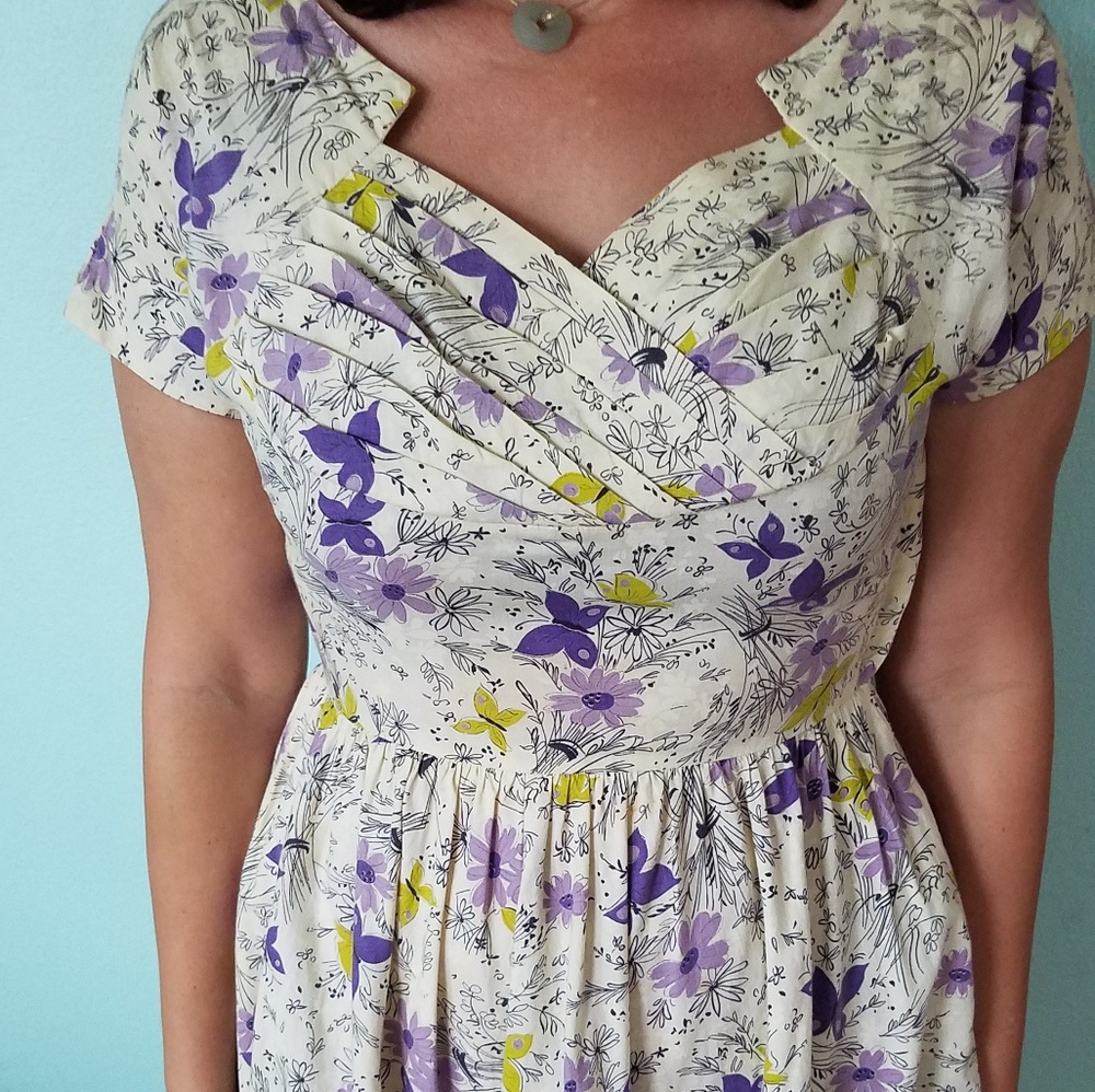 Cotton Butterfly Pattern Vintage Dress with Fitted